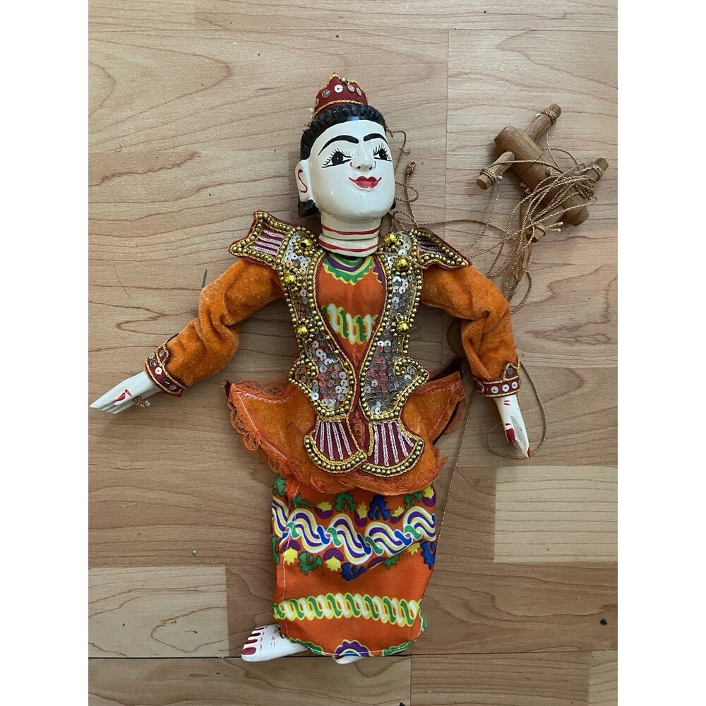 Vintage Burmese Yoke Thé Wooden Marionette Puppet Orange Sequined Costume